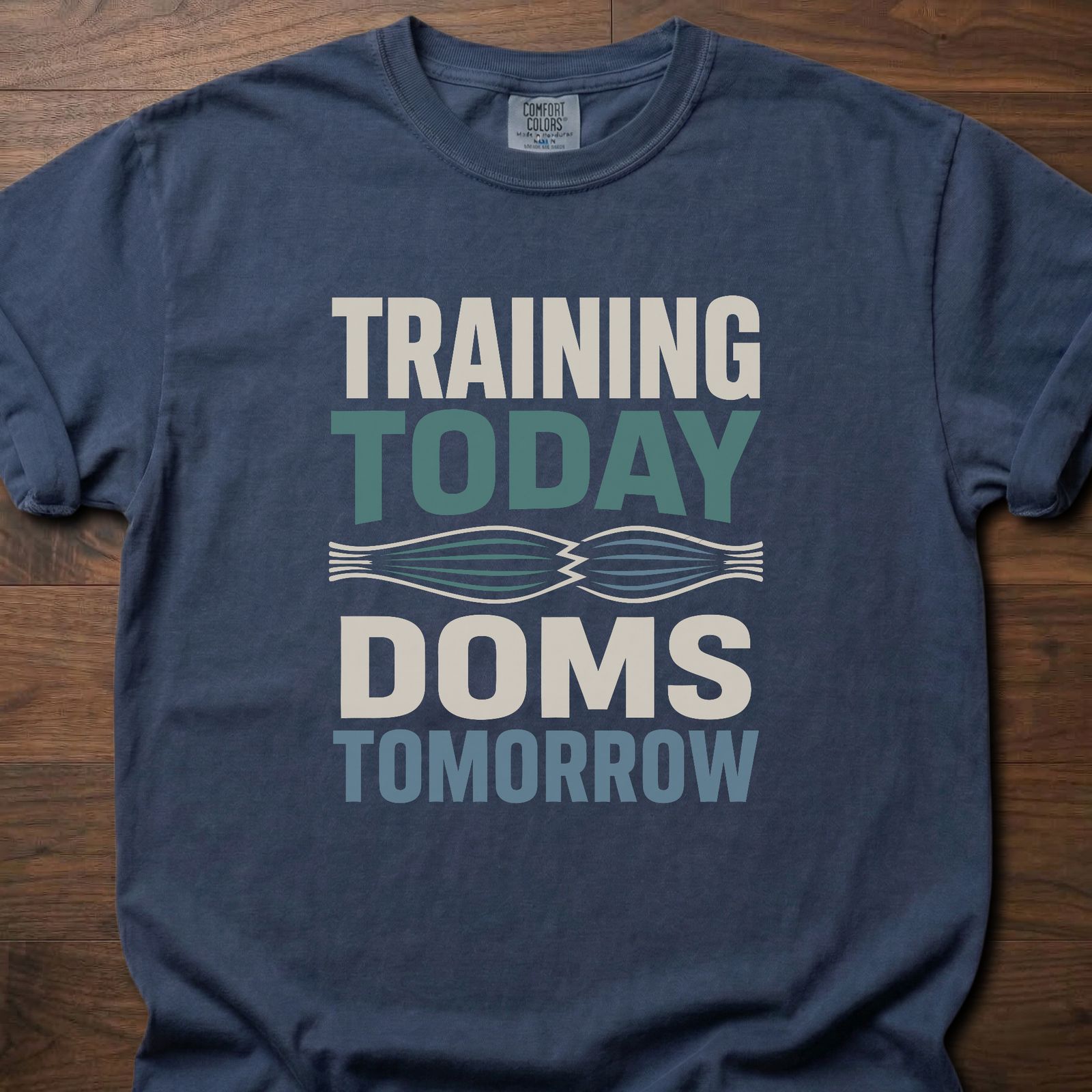 DOMS Tomorrow strength training t-shirt with muscle fiber graphic and bold workout slogan – Navy