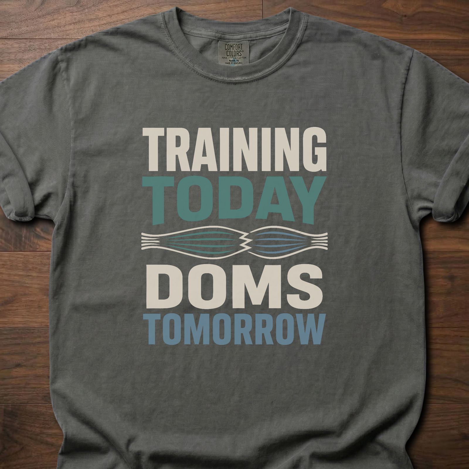 DOMS Tomorrow strength training t-shirt with muscle fiber graphic and bold workout slogan – Pepper