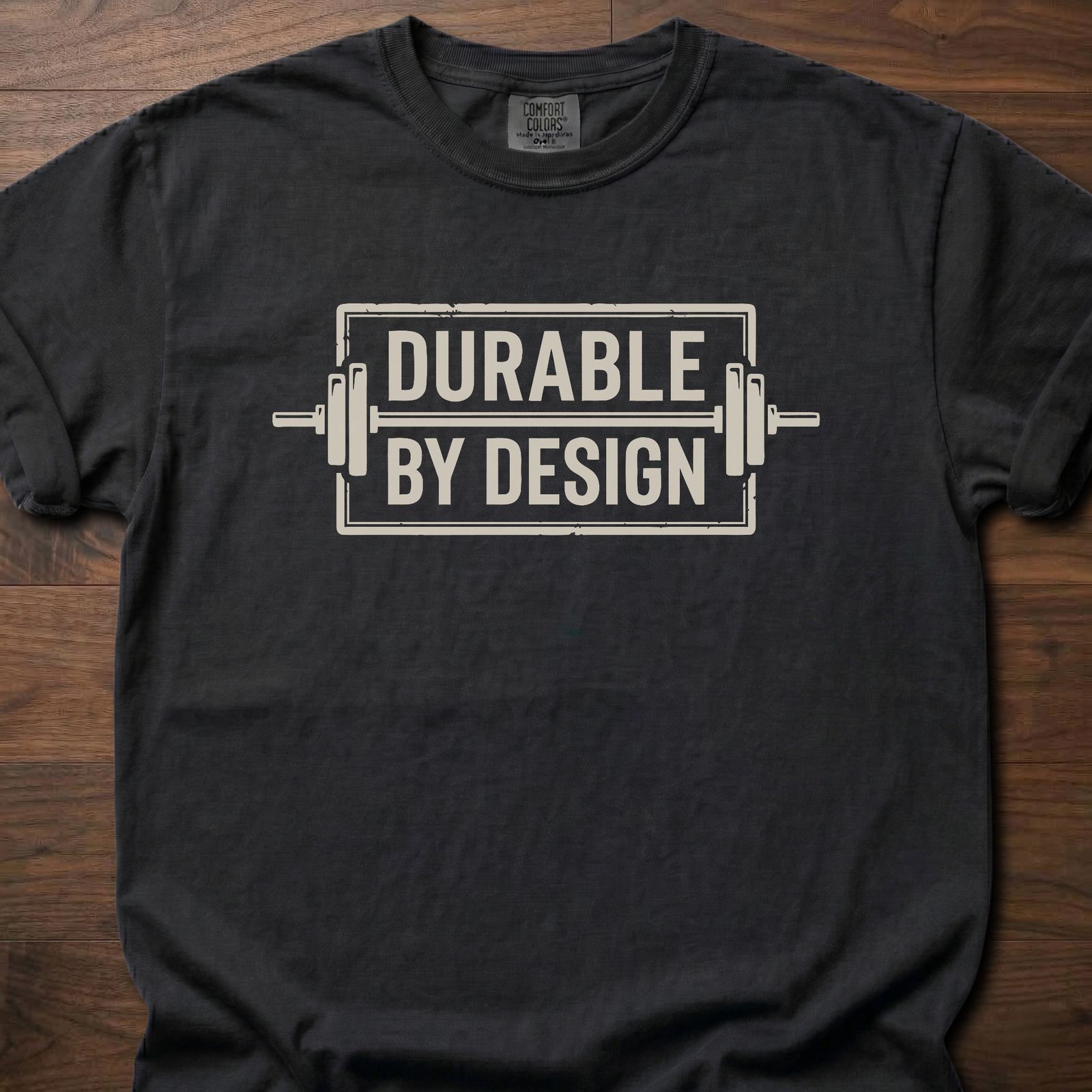 Durable By Design fitness lifestyle t shirt with bold rectangular logo and industrial frame graphic – Black