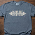 Durable By Design fitness lifestyle t shirt with bold rectangular logo and industrial frame graphic – Blue Jean