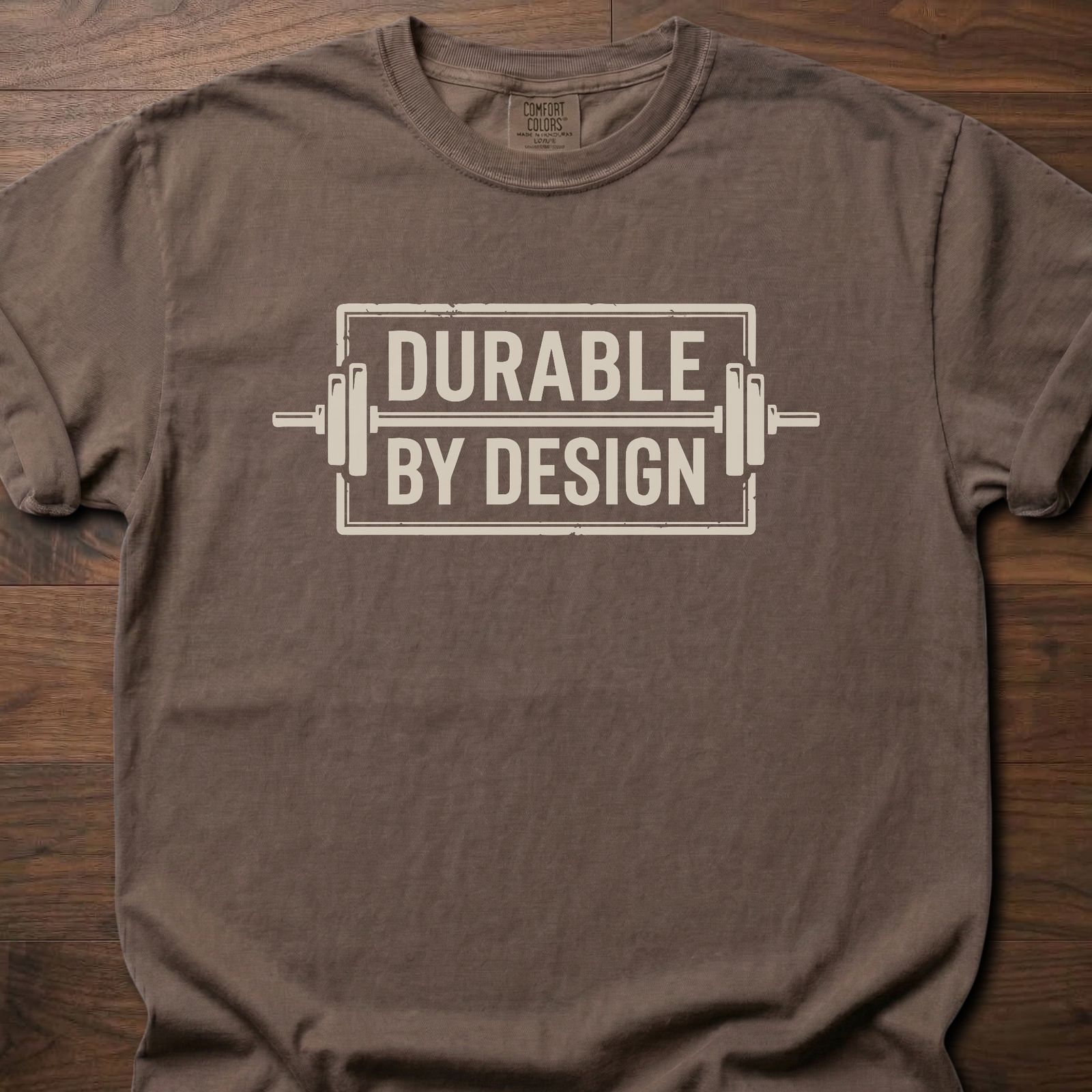 Durable By Design fitness lifestyle t shirt with bold rectangular logo and industrial frame graphic – Espresso