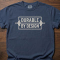 Durable By Design fitness lifestyle t shirt with bold rectangular logo and industrial frame graphic – Navy