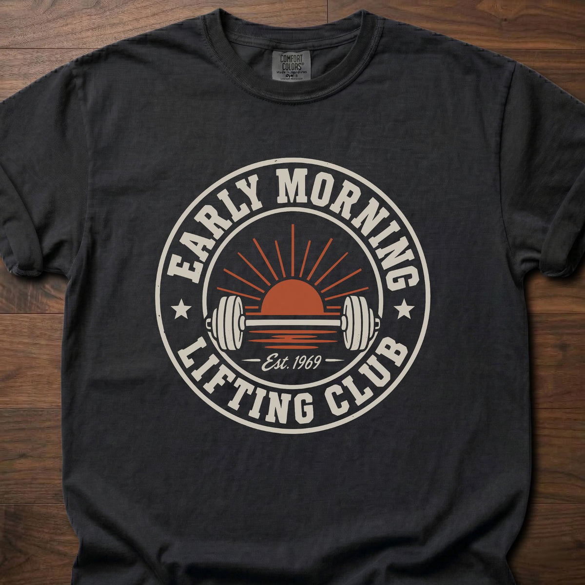 Early Morning Lifting Club strength training t-shirt with sunrise and dumbbell badge design – Black