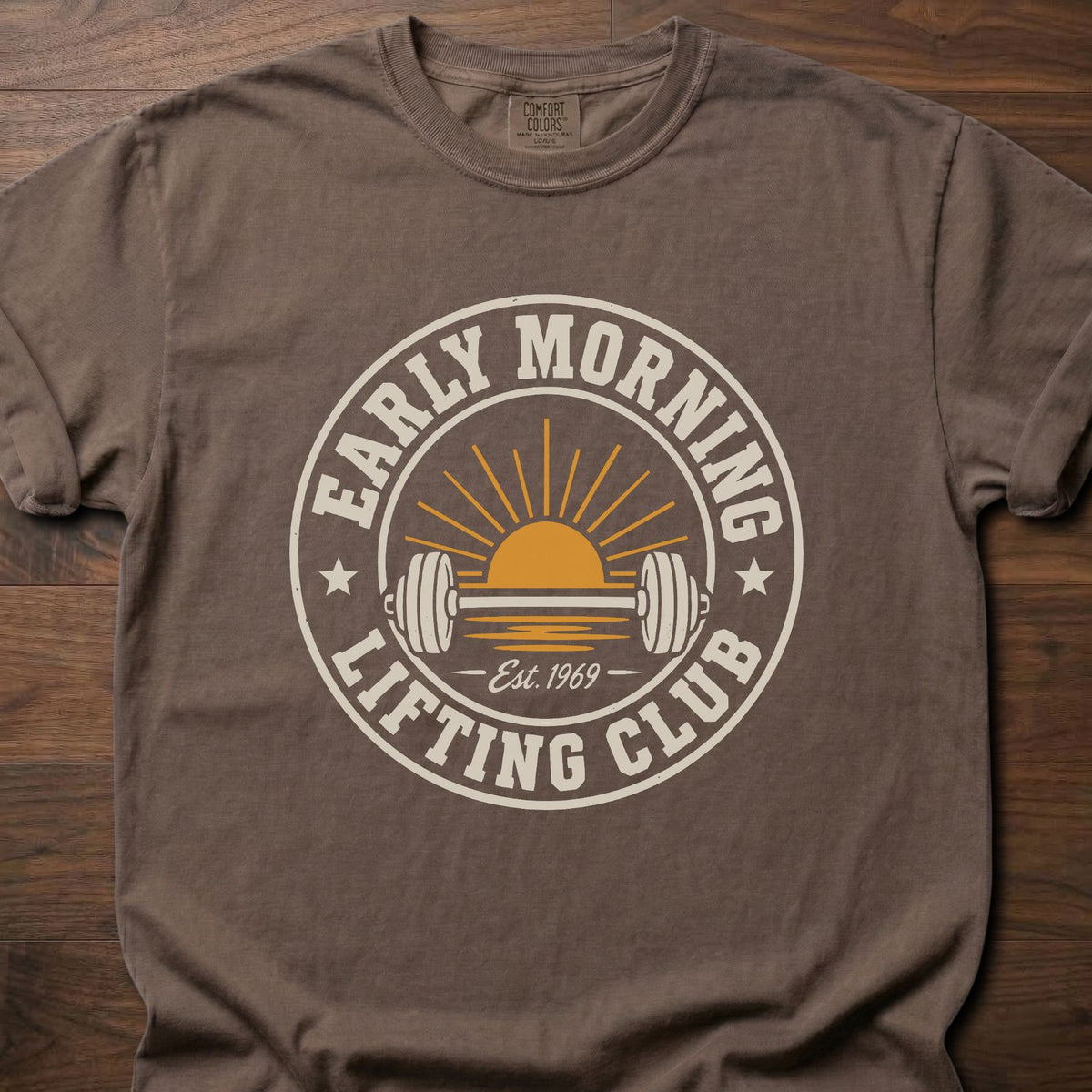 Early Morning Lifting Club strength training t-shirt with sunrise and dumbbell badge design – Espresso