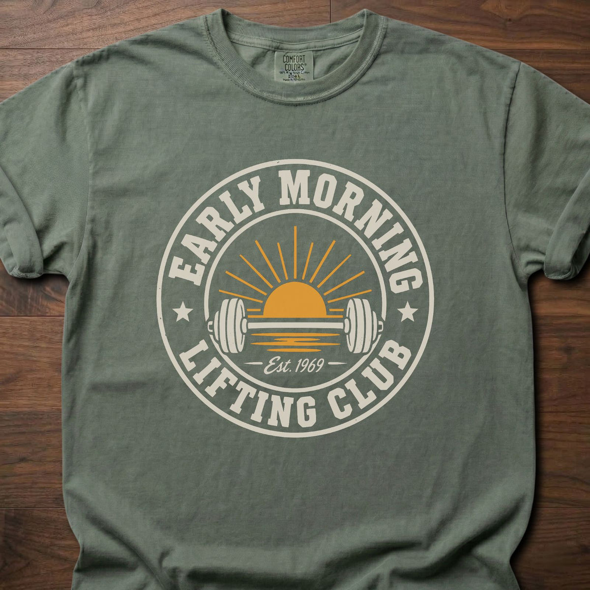 Early Morning Lifting Club strength training t-shirt with sunrise and dumbbell badge design – Moss