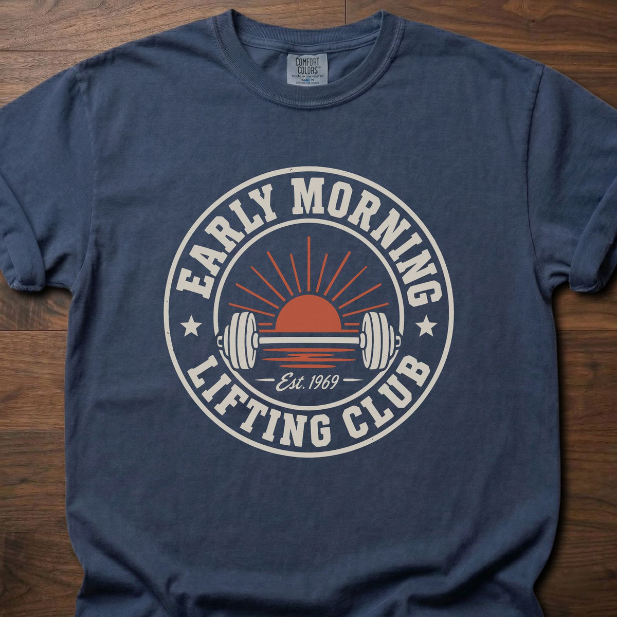 Early Morning Lifting Club strength training t-shirt with sunrise and dumbbell badge design – Navy