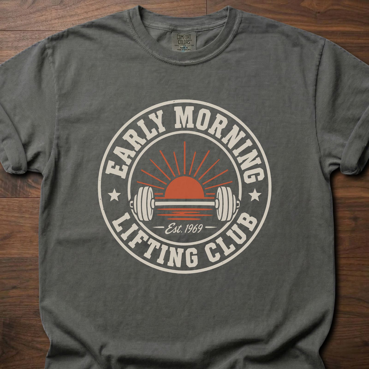 Early Morning Lifting Club strength training t-shirt with sunrise and dumbbell badge design – Pepper