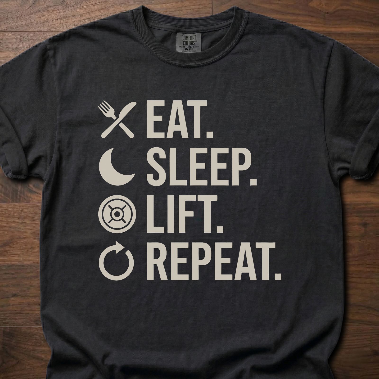 Eat Sleep Lift Repeat fitness lifestyle t shirts with daily routine icons – Black