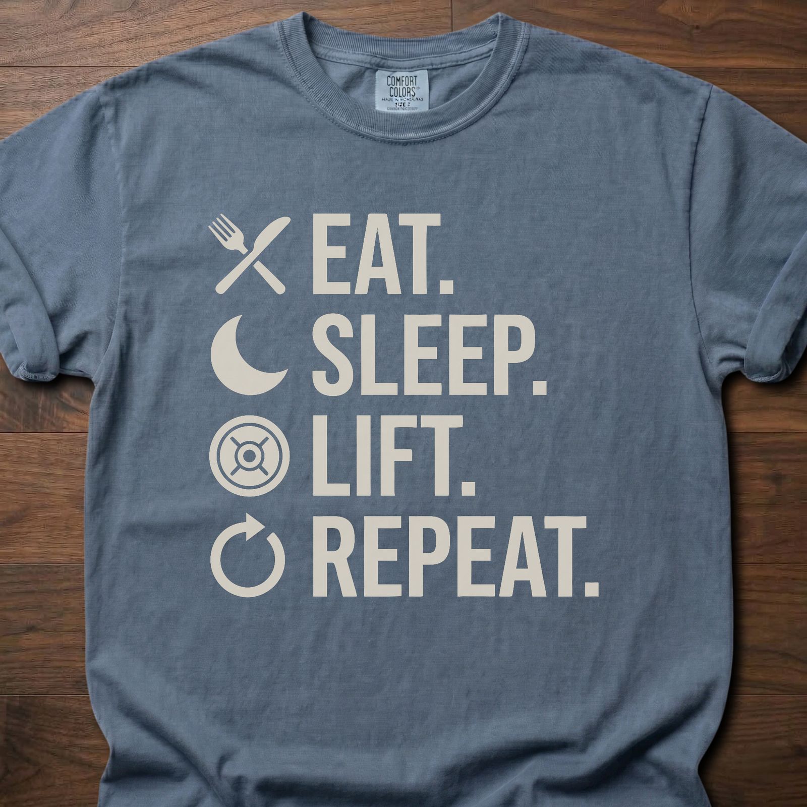 Eat Sleep Lift Repeat fitness lifestyle t shirts with daily routine icons – Blue Jean