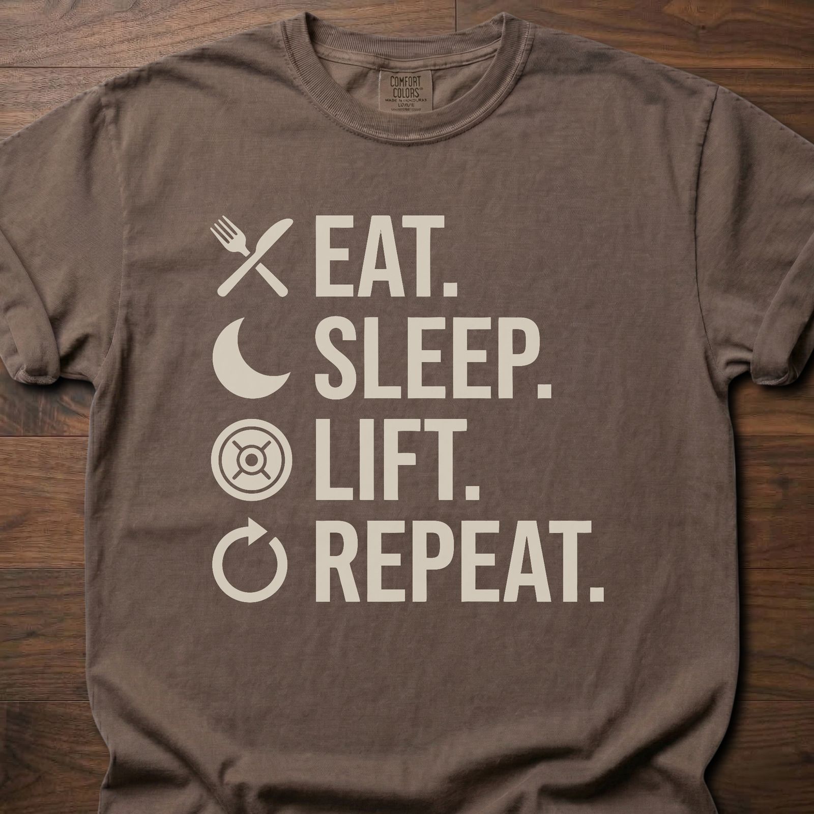 Eat Sleep Lift Repeat fitness lifestyle t shirts with daily routine icons – Espresso