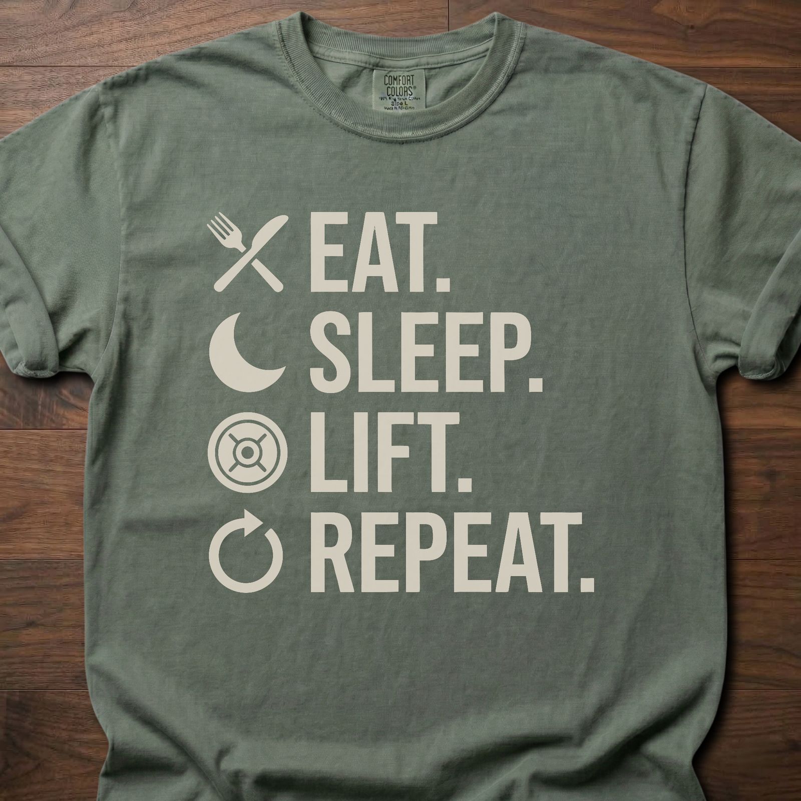 Eat Sleep Lift Repeat fitness lifestyle t shirts with daily routine icons – Moss