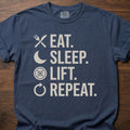 Eat Sleep Lift Repeat fitness lifestyle t shirts with daily routine icons – Navy