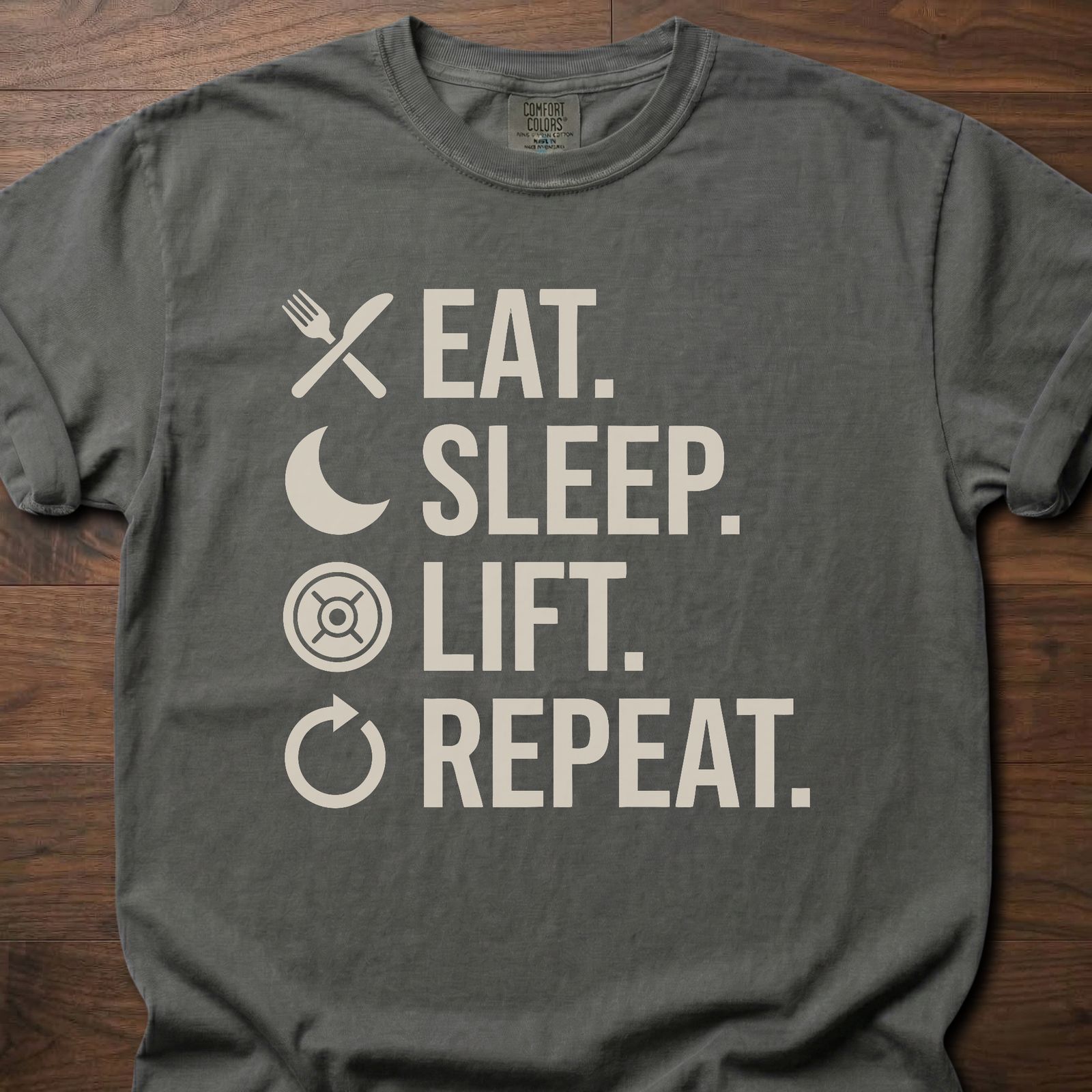 Eat Sleep Lift Repeat fitness lifestyle t shirts with daily routine icons – Pepper