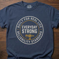 Everyday Strong fitness lifestyle t shirt featuring built for real life reliability standard circular badge design – Navy