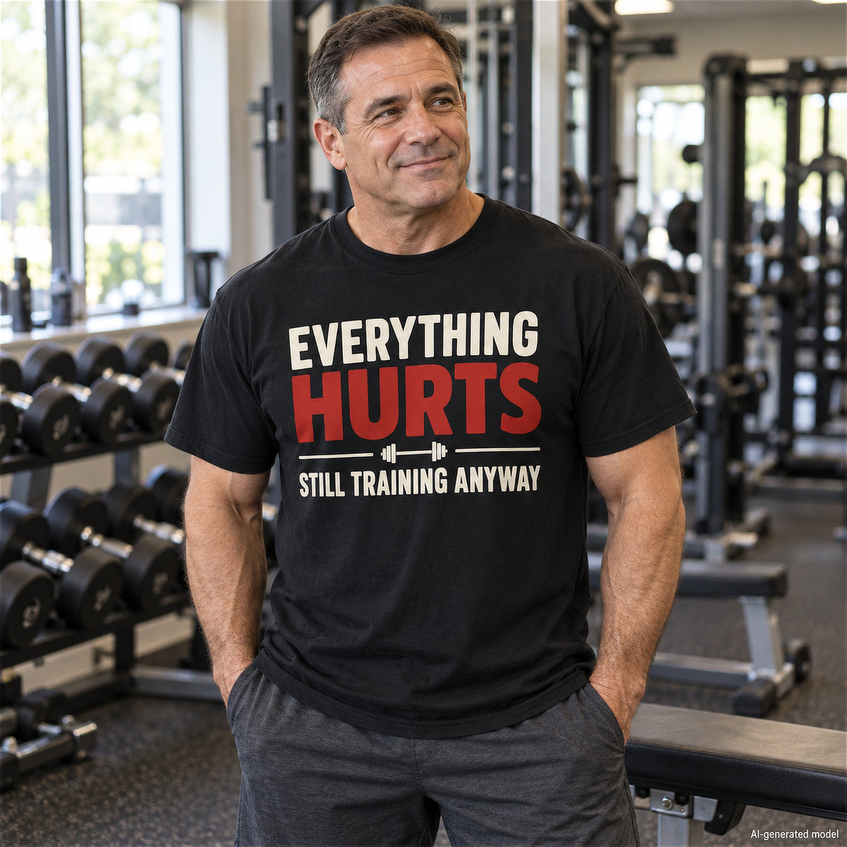 Everything Hurts strength training t-shirt with bold text and barbell graphic – Black. Male lifestyle image, gym in background.