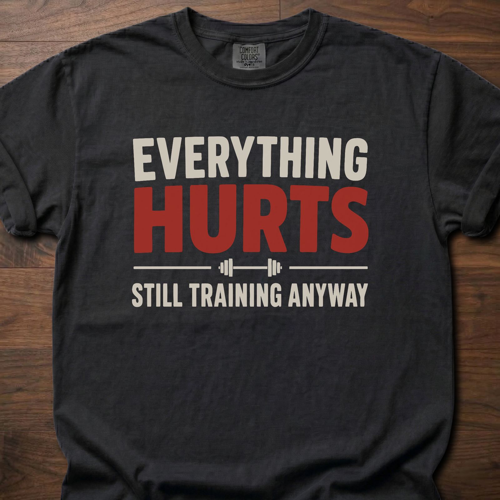 Everything Hurts strength training t-shirt with bold text and barbell graphic – Black