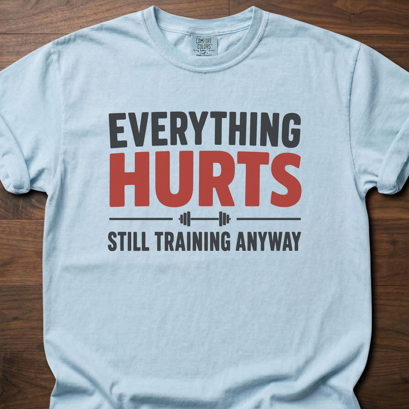Everything Hurts strength training t-shirt with bold text and barbell graphic – Chambray