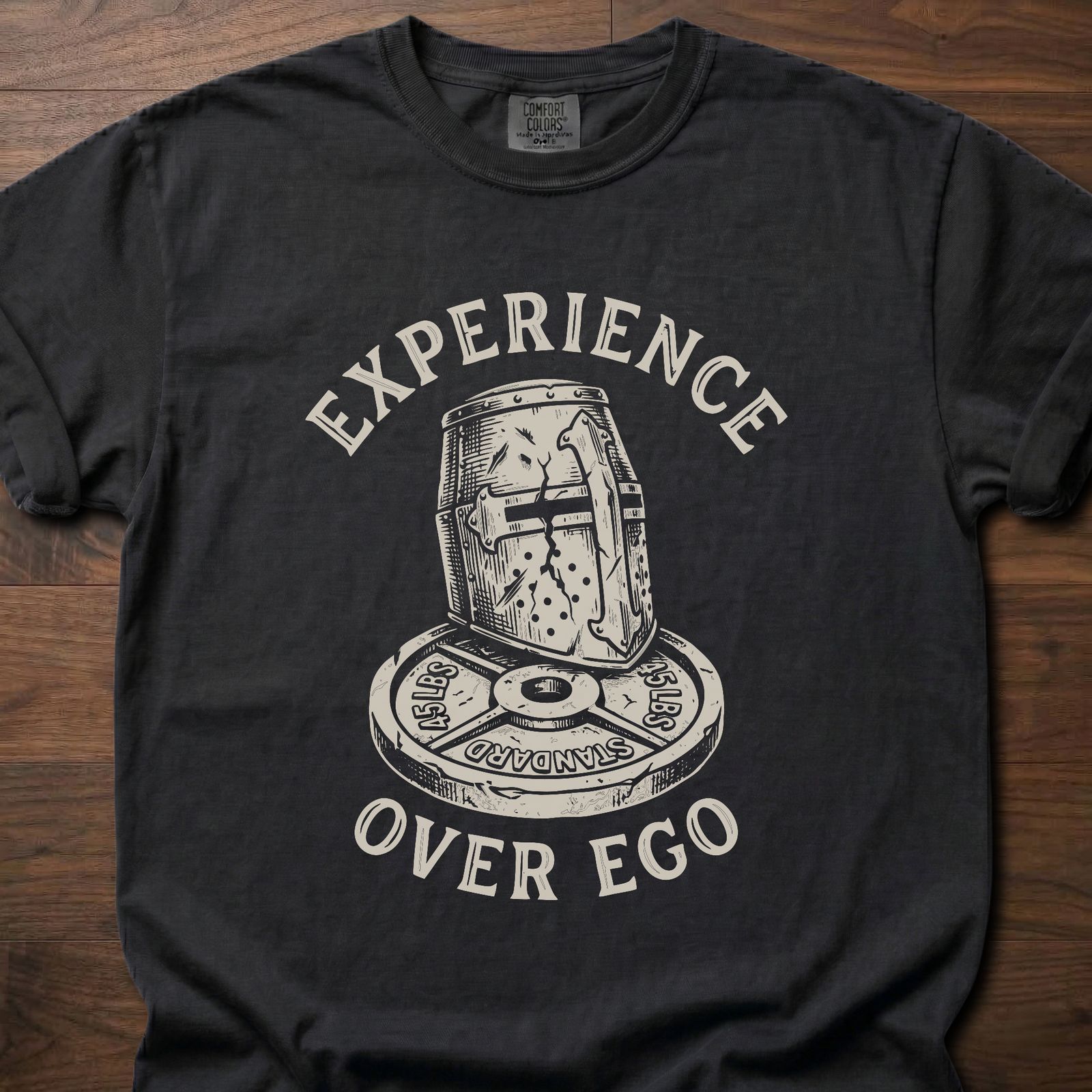Experience Over Ego gym lifestyle shirt with medieval helmet and weight plate design – Black