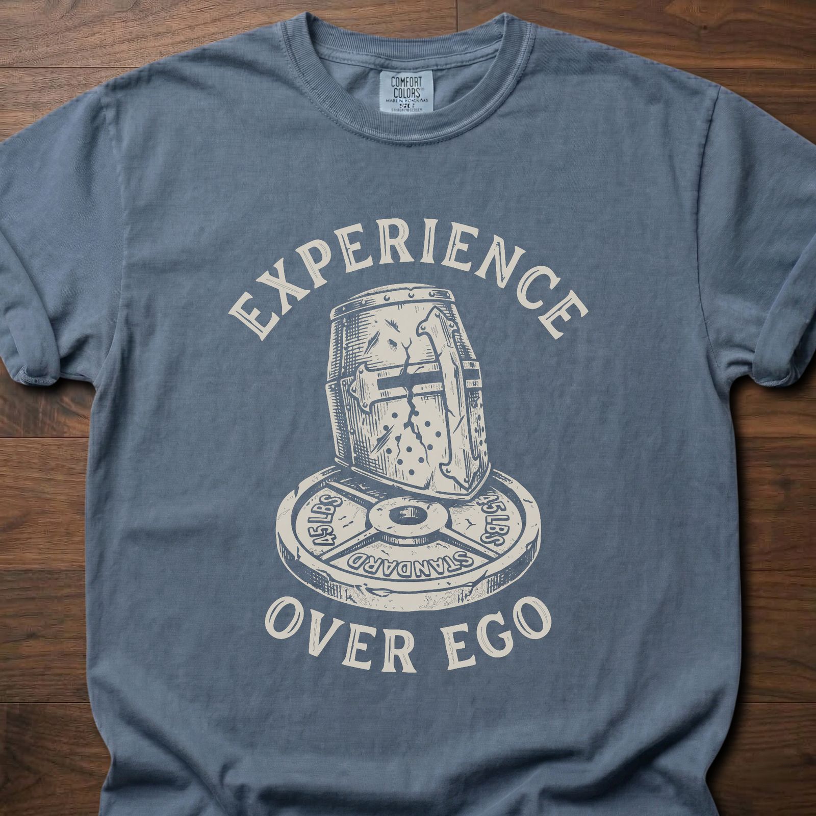 Experience Over Ego gym lifestyle shirt with medieval helmet and weight plate design – Blue Jean