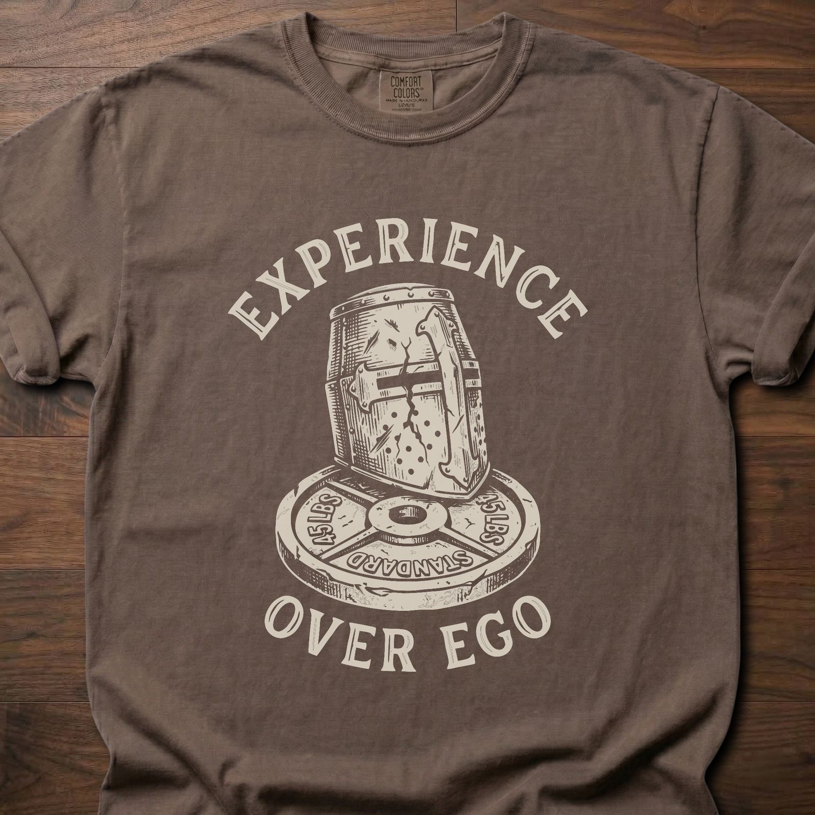 Experience Over Ego gym lifestyle shirt with medieval helmet and weight plate design – Espresso