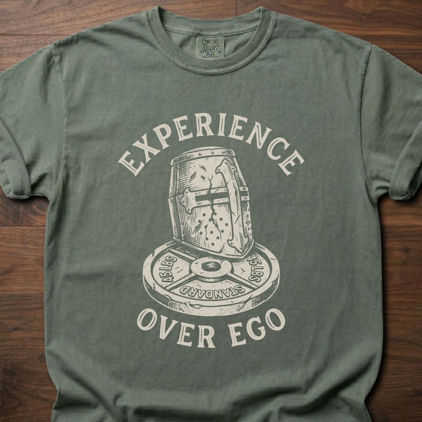 Experience Over Ego gym lifestyle shirt with medieval helmet and weight plate design – Moss