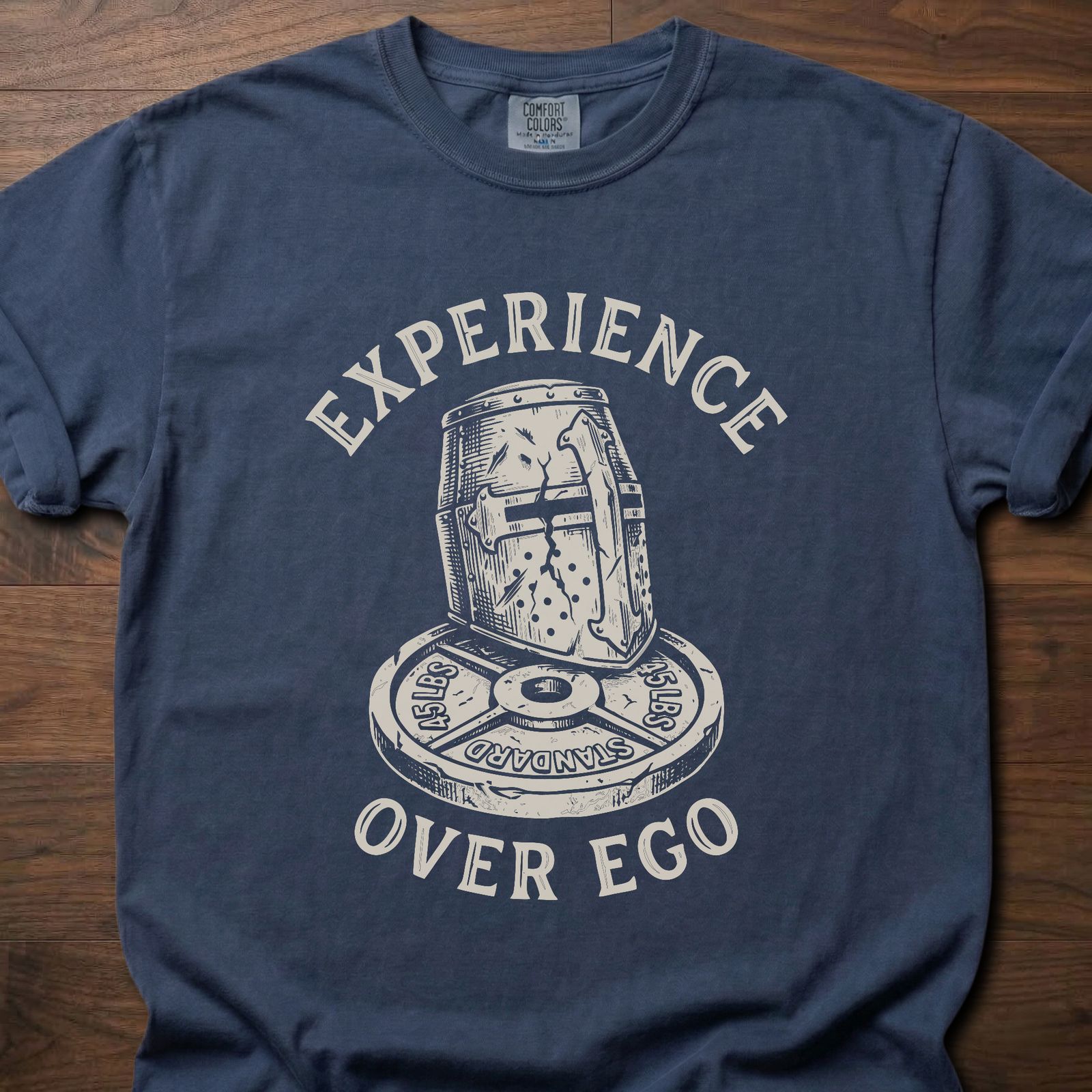 Experience Over Ego gym lifestyle shirt with medieval helmet and weight plate design – Navy