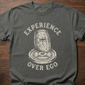Experience Over Ego gym lifestyle shirt with medieval helmet and weight plate design – Pepper