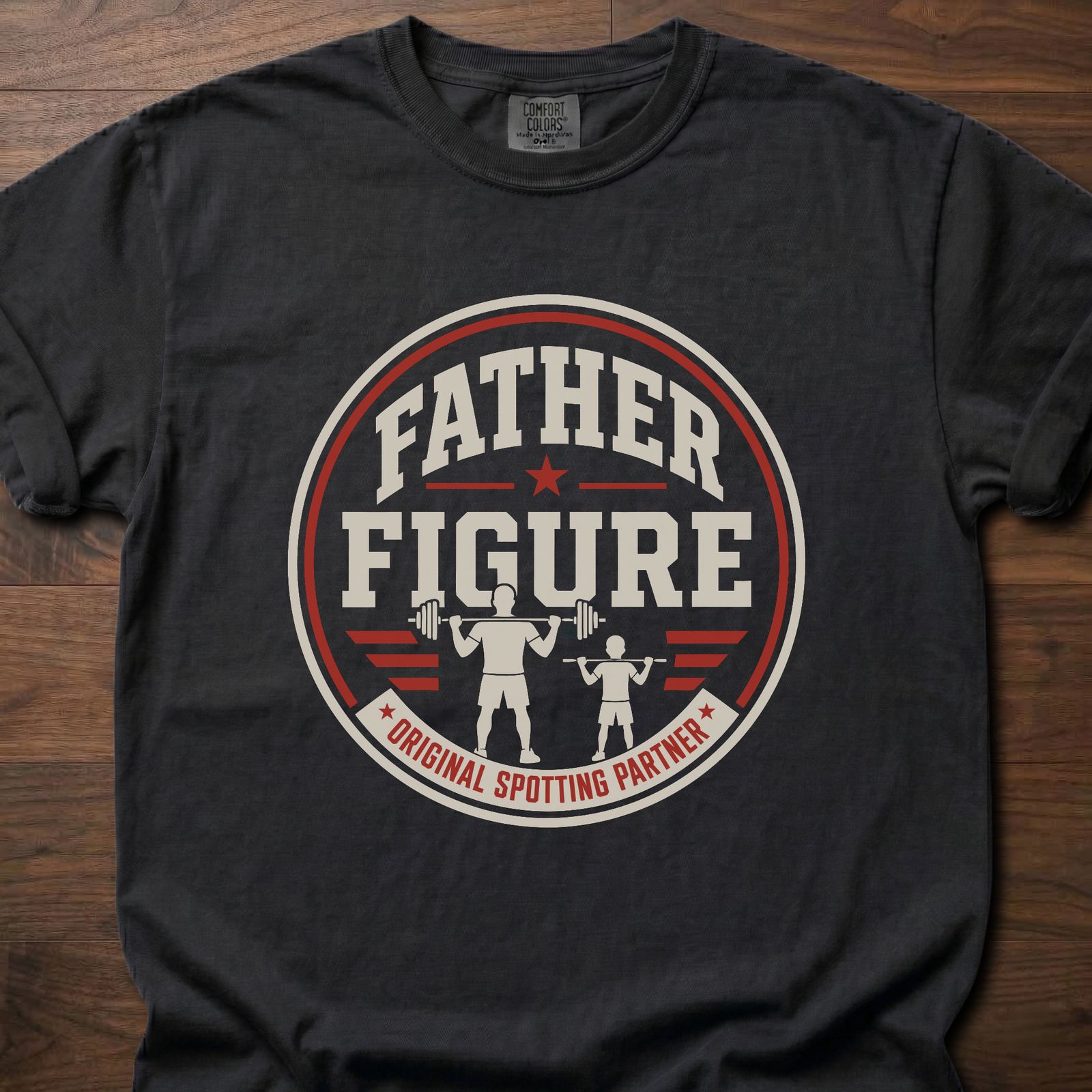Father Figure strength training lifestyle clothing with weightlifting dad and child silhouette design – Black