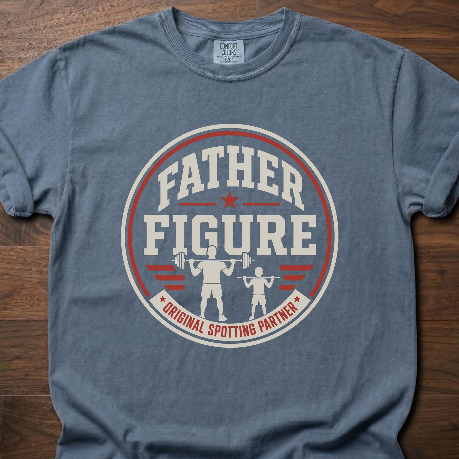 Father Figure strength training lifestyle clothing with weightlifting dad and child silhouette design – Blue Jean
