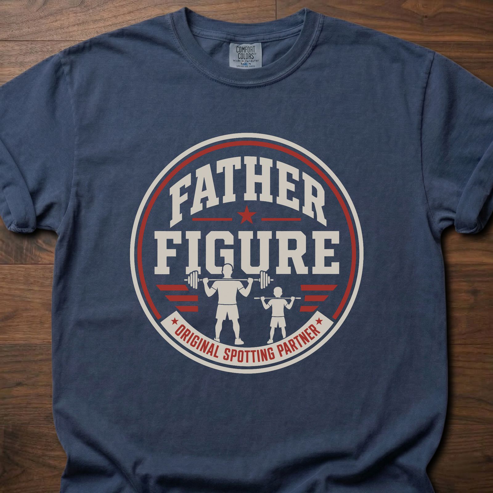 Father Figure strength training lifestyle clothing with weightlifting dad and child silhouette design – Navy