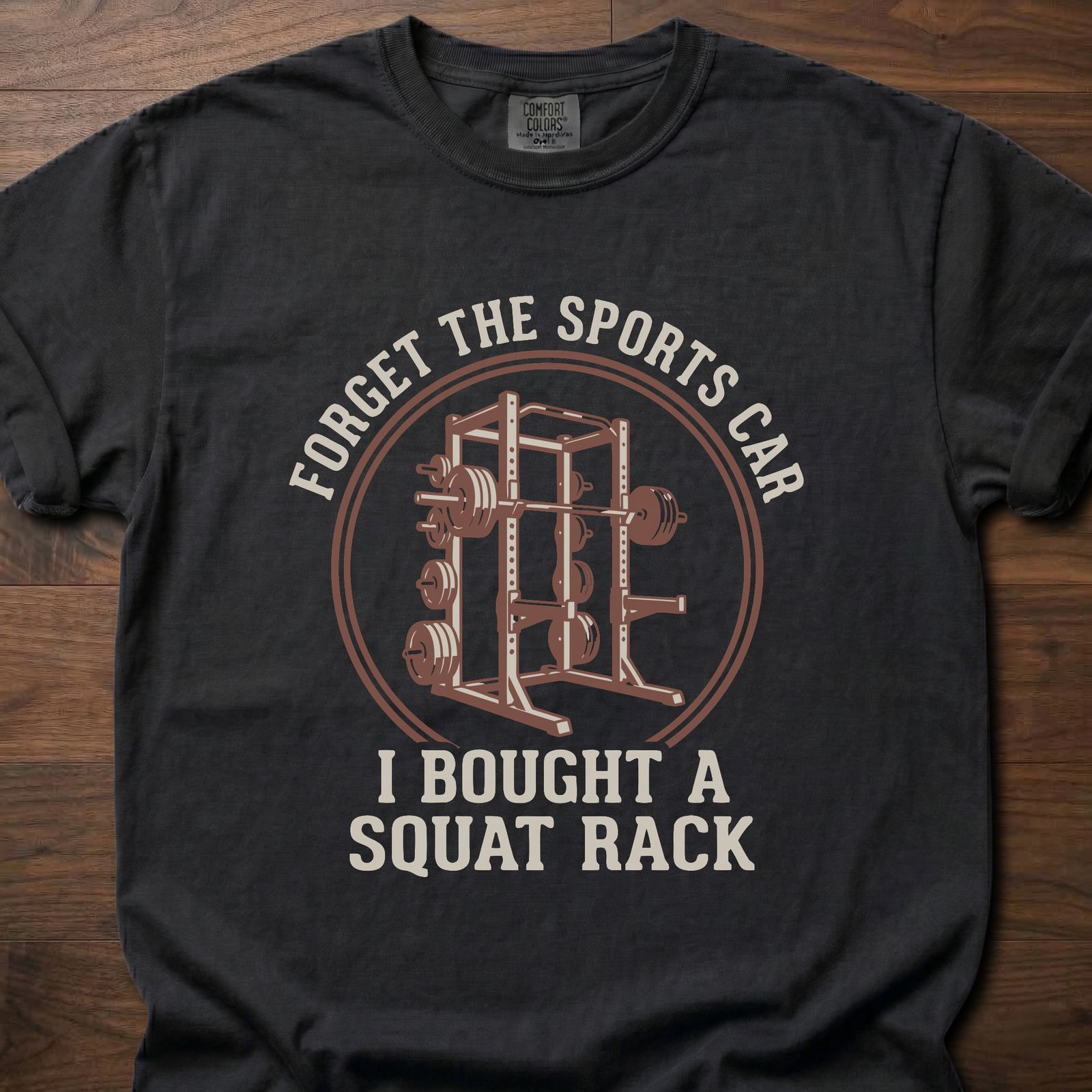 Forget the Sports Car strength training t-shirt featuring squat rack with loaded barbell graphic – Black