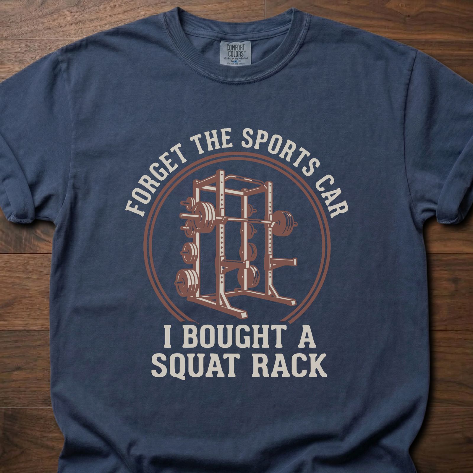 Forget the Sports Car strength training t-shirt featuring squat rack with loaded barbell graphic – Navy