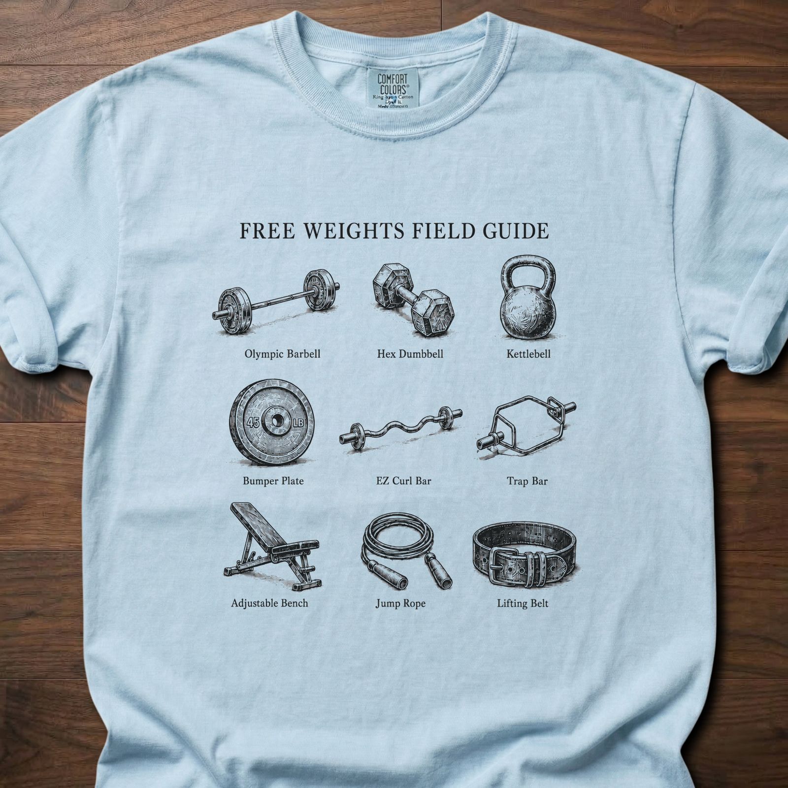 Free Weights Field Guide fitness lifestyle apparel featuring illustrated gym equipment taxonomy – Chambray