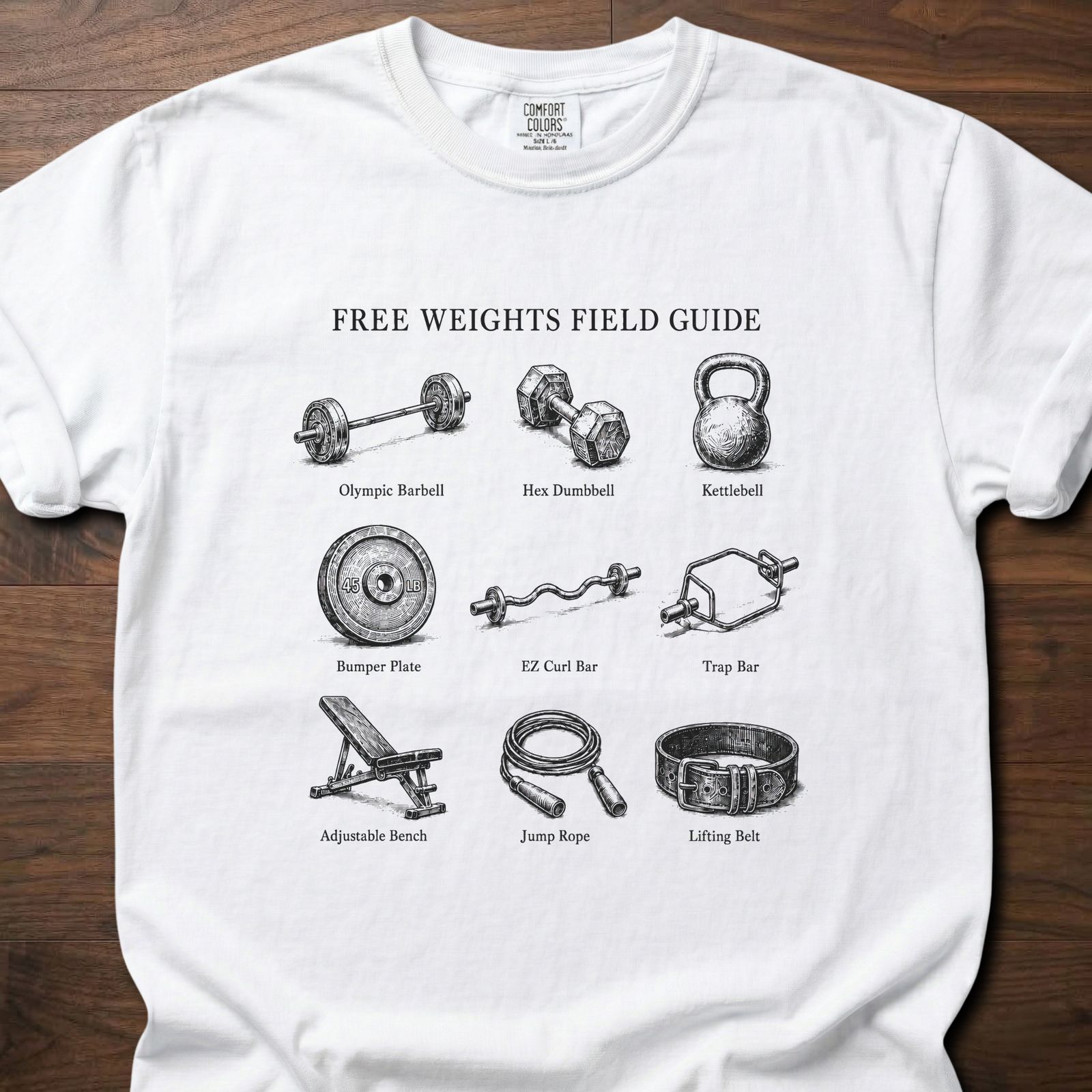 Free Weights Field Guide fitness lifestyle apparel featuring illustrated gym equipment taxonomy – White