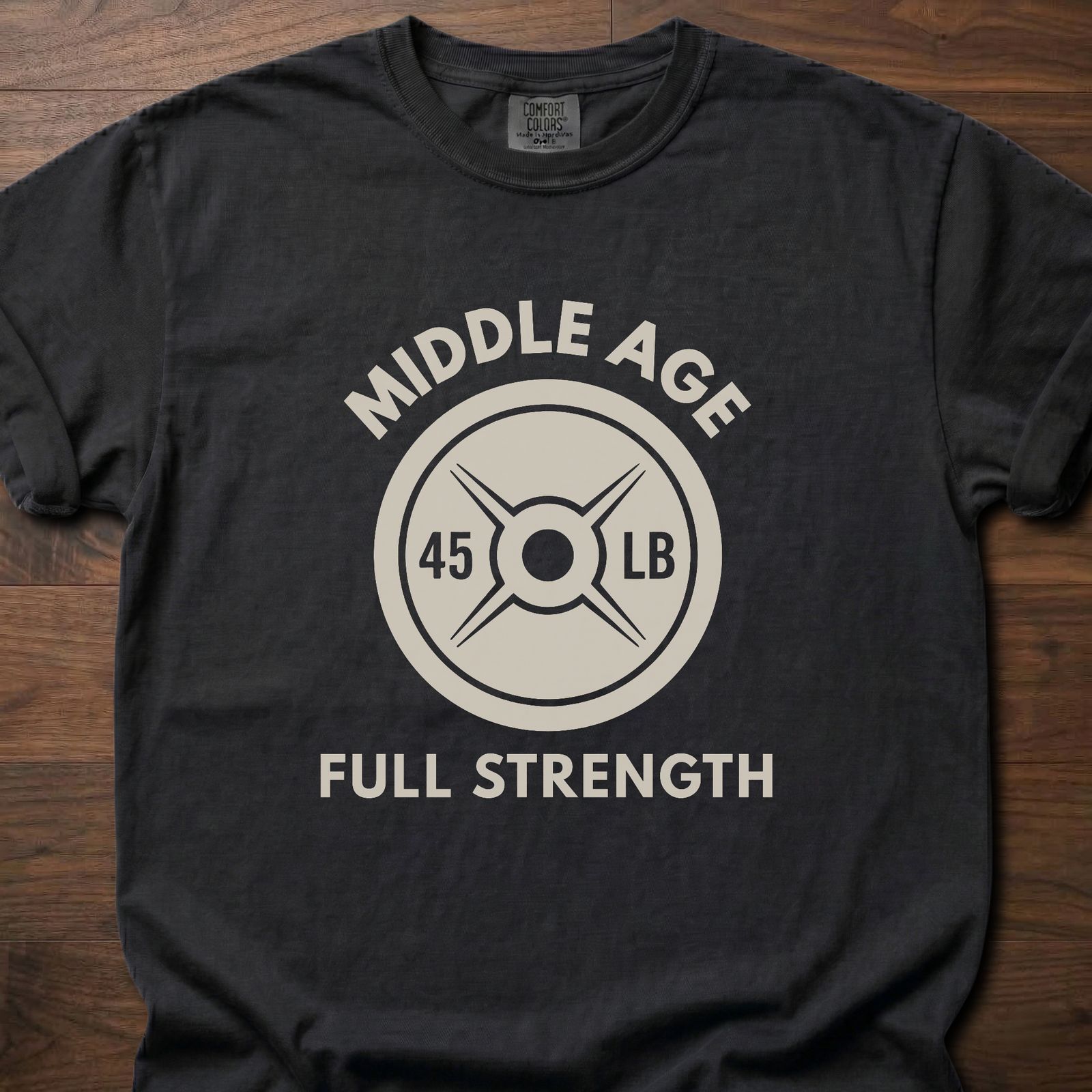 Full Strength T-Shirt with 45 lb weight plate graphic for strength training lifestyle clothing – Black