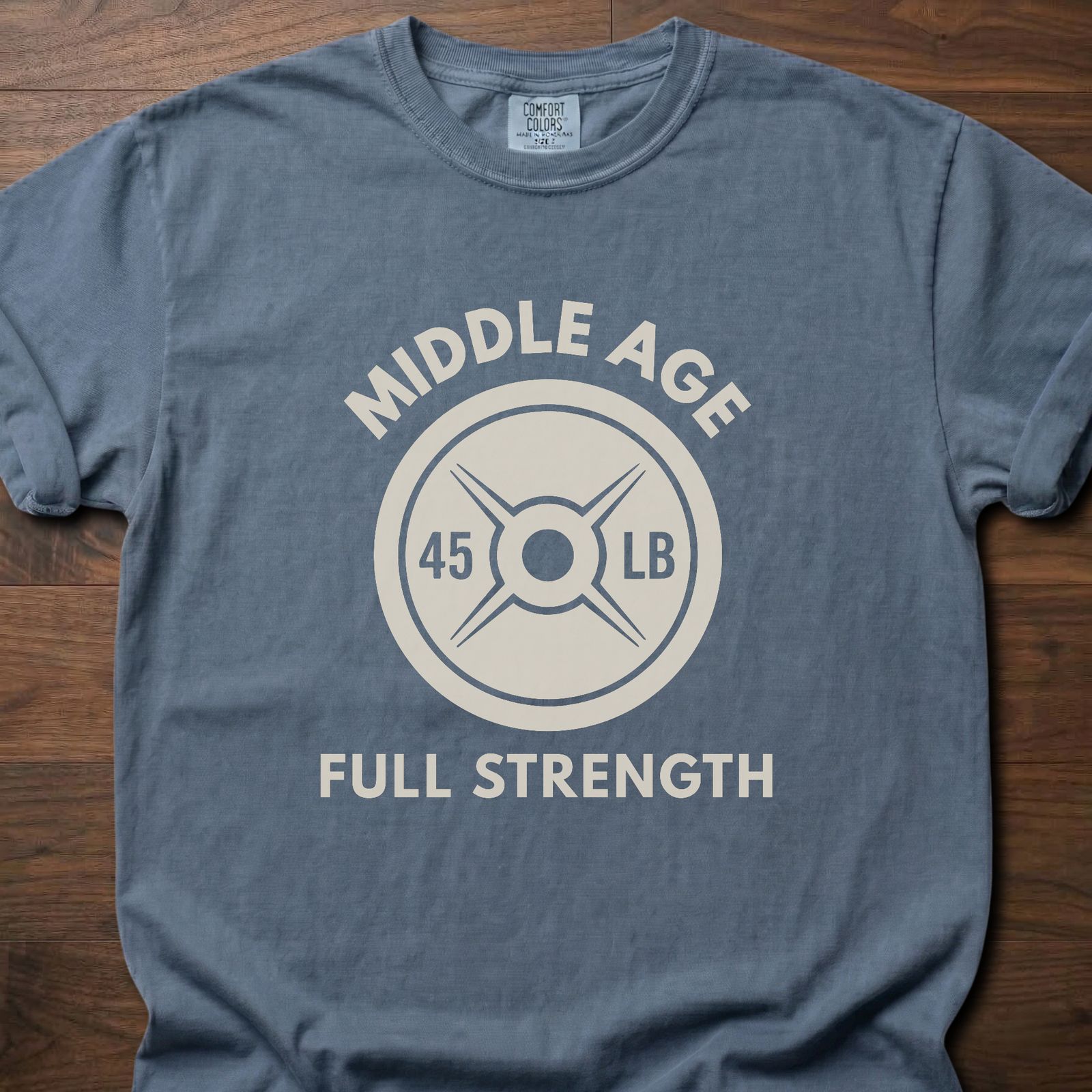 Full Strength T-Shirt with 45 lb weight plate graphic for strength training lifestyle clothing – Blue Jean