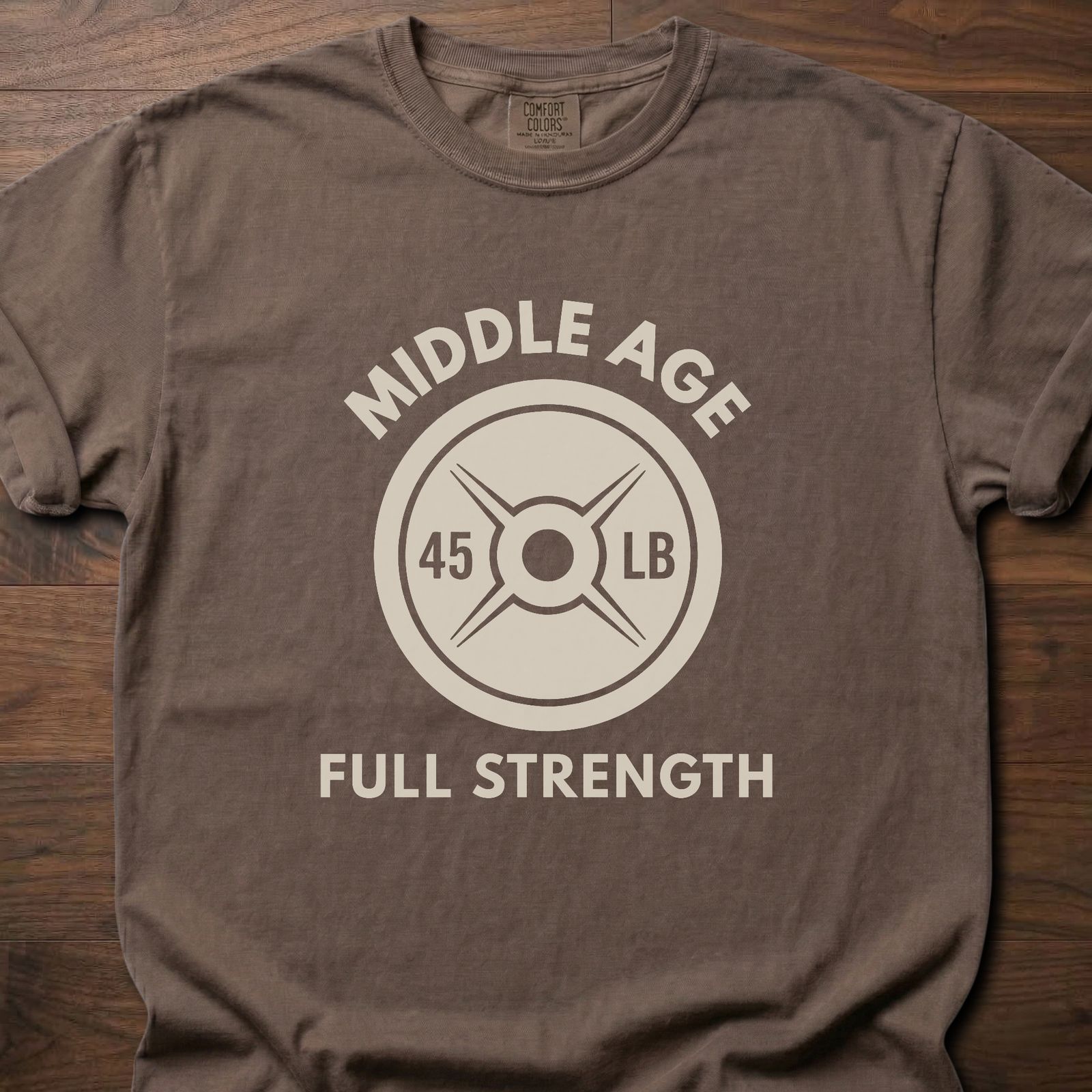 Full Strength T-Shirt with 45 lb weight plate graphic for strength training lifestyle clothing – Espresso