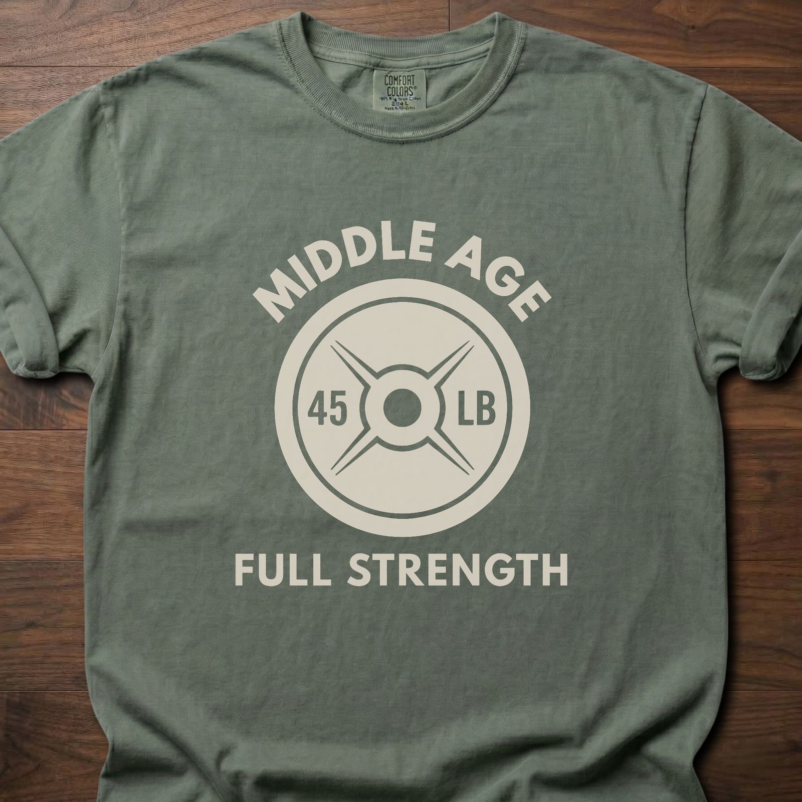 Full Strength T-Shirt with 45 lb weight plate graphic for strength training lifestyle clothing – Moss
