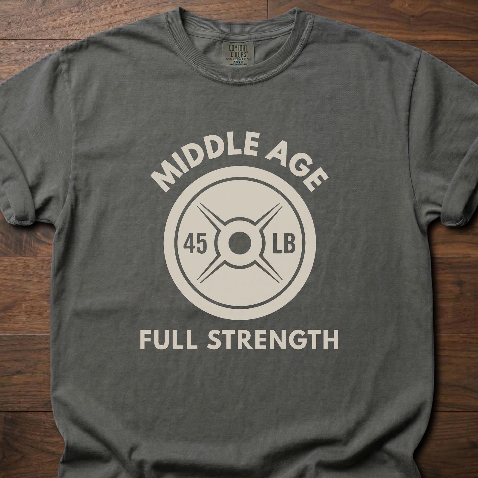 Full Strength T-Shirt with 45 lb weight plate graphic for strength training lifestyle clothing – Pepper