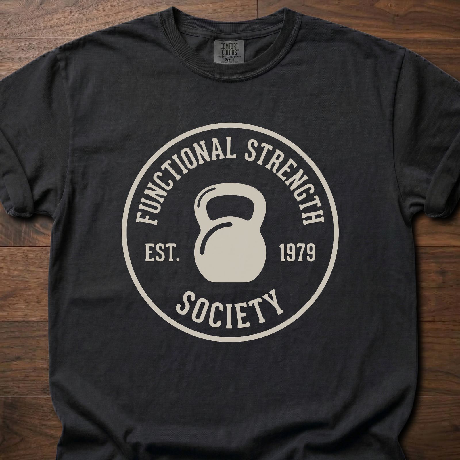 Functional Strength Society gym lifestyle shirt featuring kettlebell logo and established 1979 badge – Black