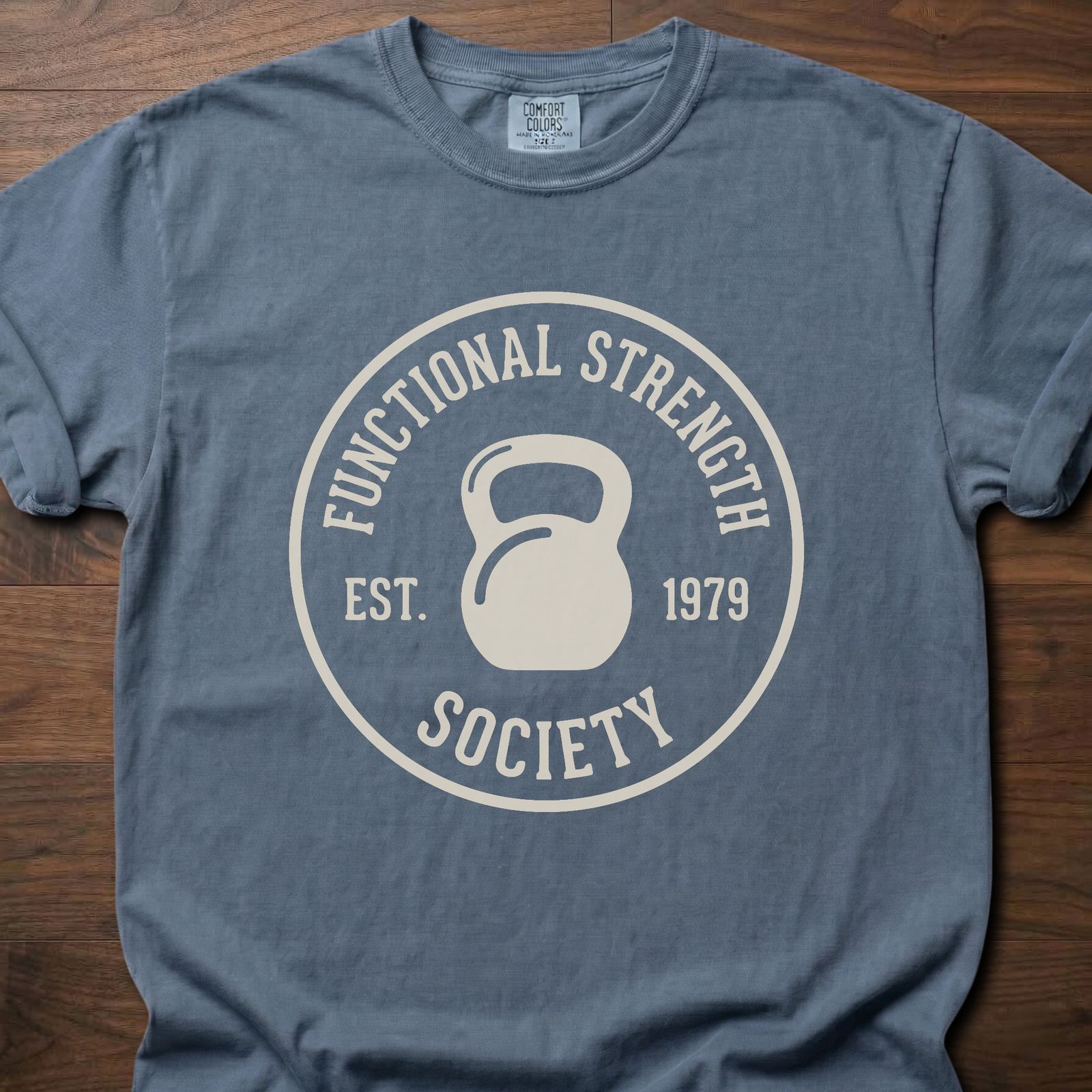 Functional Strength Society gym lifestyle shirt featuring kettlebell logo and established 1979 badge – Blue Jean