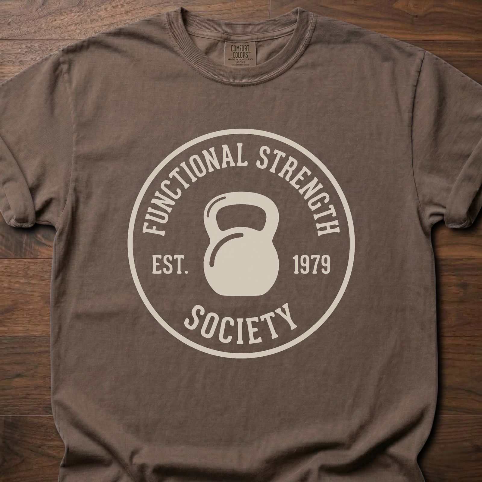Functional Strength Society gym lifestyle shirt featuring kettlebell logo and established 1979 badge – Espresso