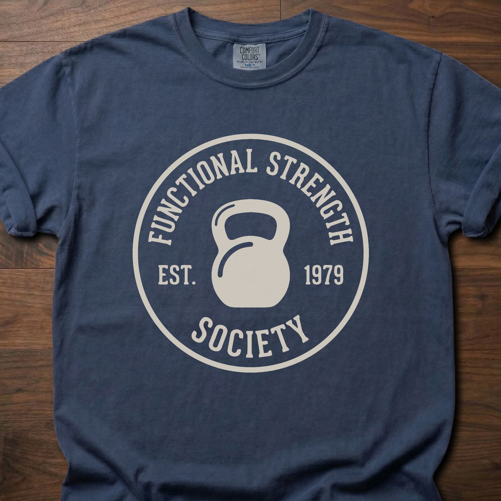 Functional Strength Society gym lifestyle shirt featuring kettlebell logo and established 1979 badge – Navy