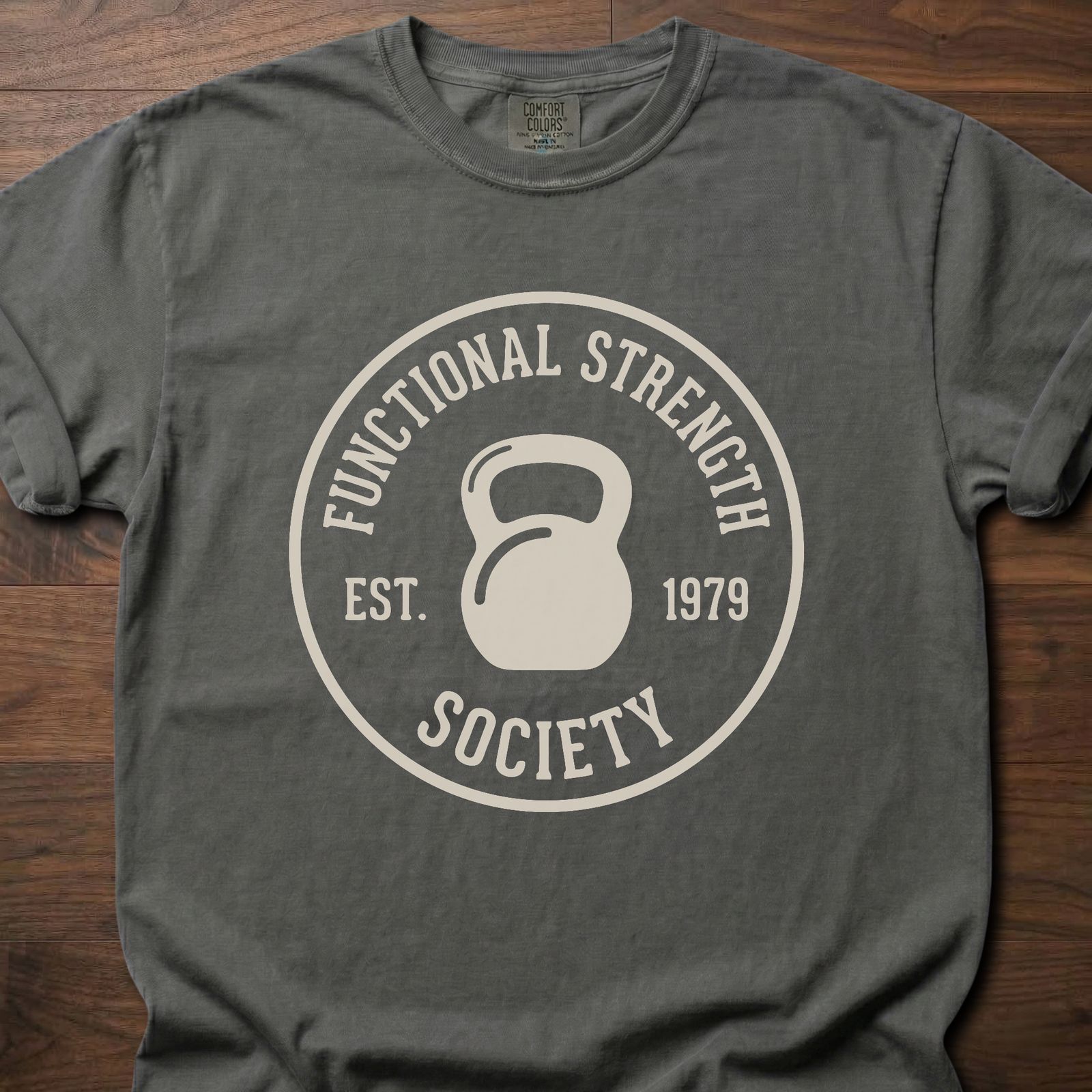 Functional Strength Society gym lifestyle shirt featuring kettlebell logo and established 1979 badge – Pepper