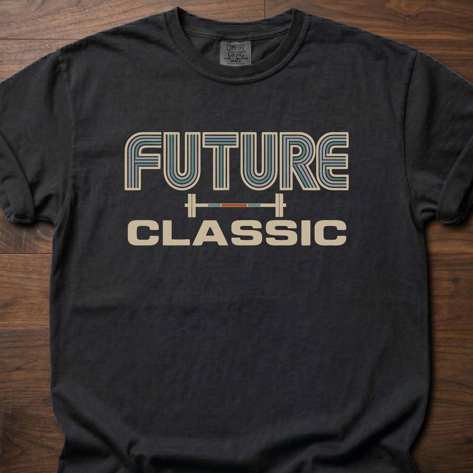 Future Classic strength training lifestyle t-shirt with retro striped text and barbell graphic – Black