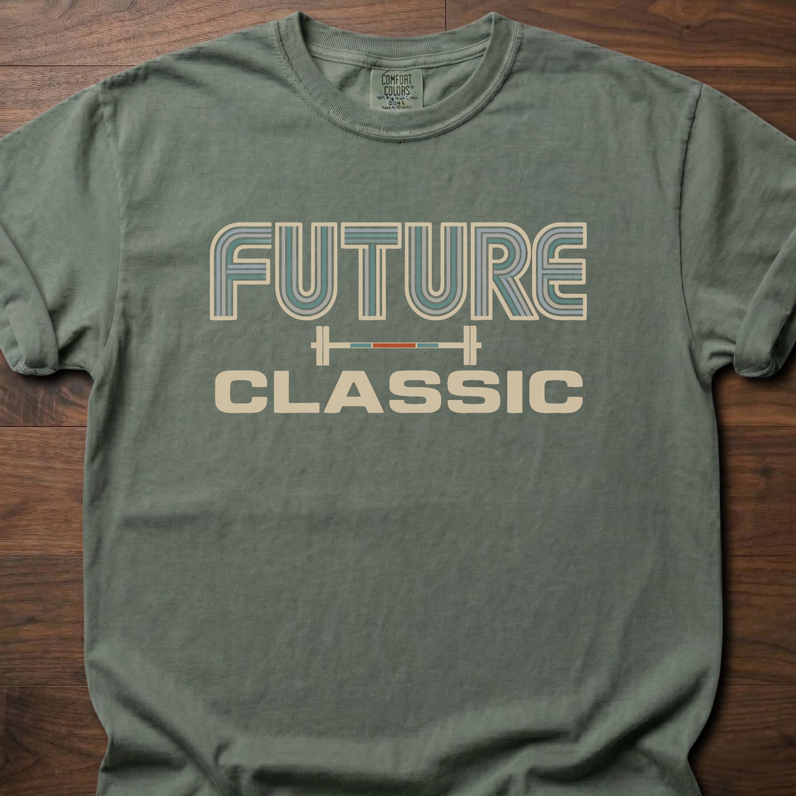 Future Classic strength training lifestyle t-shirt with retro striped text and barbell graphic – Moss