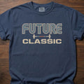 Future Classic strength training lifestyle t-shirt with retro striped text and barbell graphic – Navy