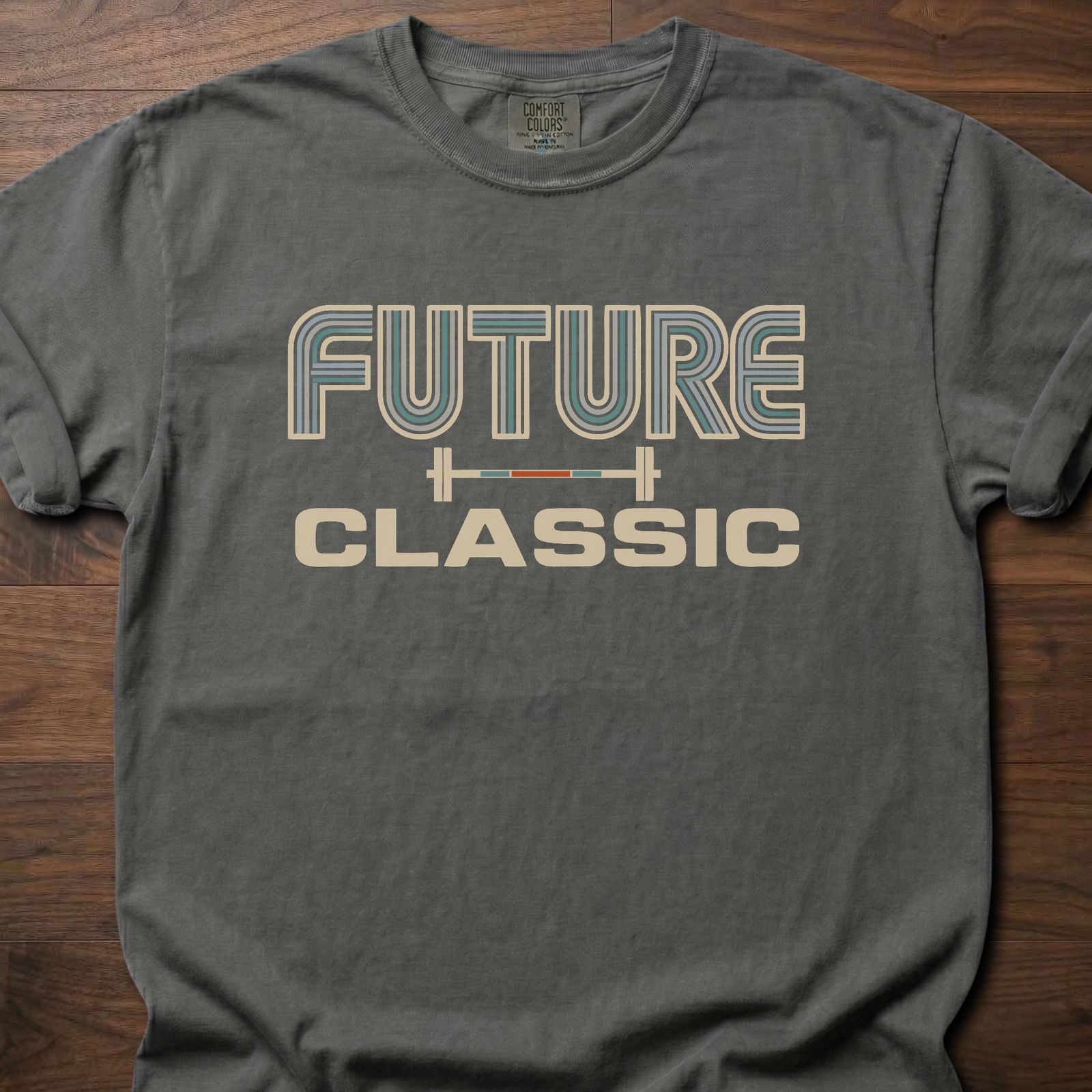 Future Classic strength training lifestyle t-shirt with retro striped text and barbell graphic – Pepper