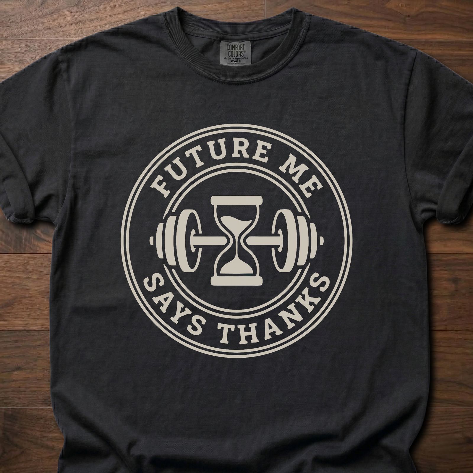 Future Me strength training t-shirt with hourglass and barbell design in circular badge – Black