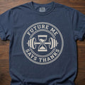 Future Me strength training t-shirt with hourglass and barbell design in circular badge – Navy